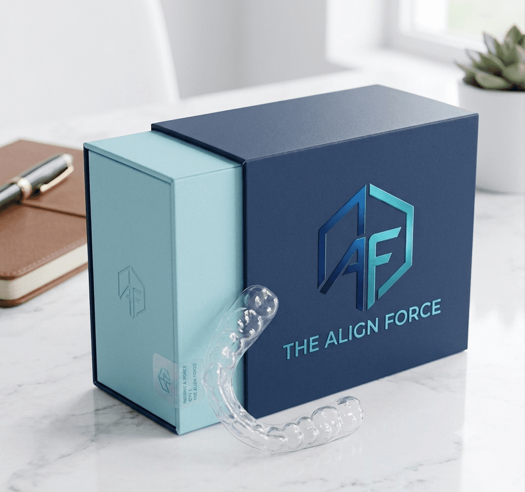 TheAlignForce clear aligner with premium navy and teal packaging